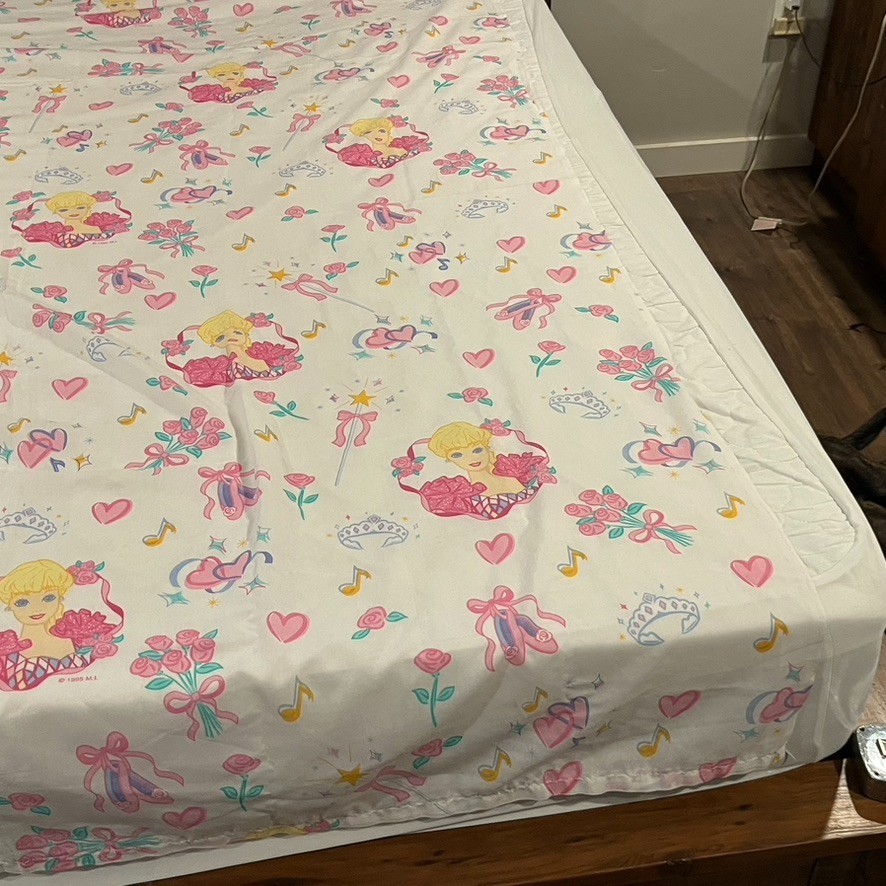 Barbie Flat Bed Sheet VTG 1995 Dan River Pink White Ballerina Twin Size 90x66"