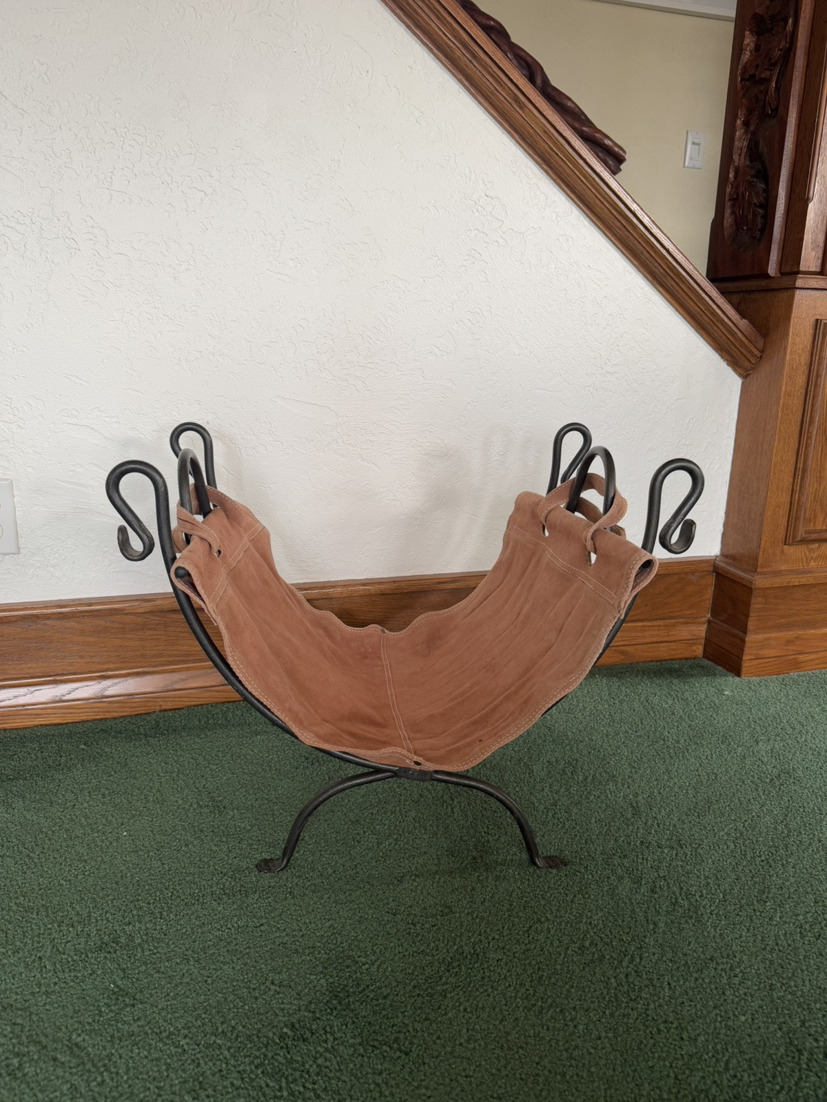 Vintage Metal and Suede Fireplace Log Holder Folding Firewood