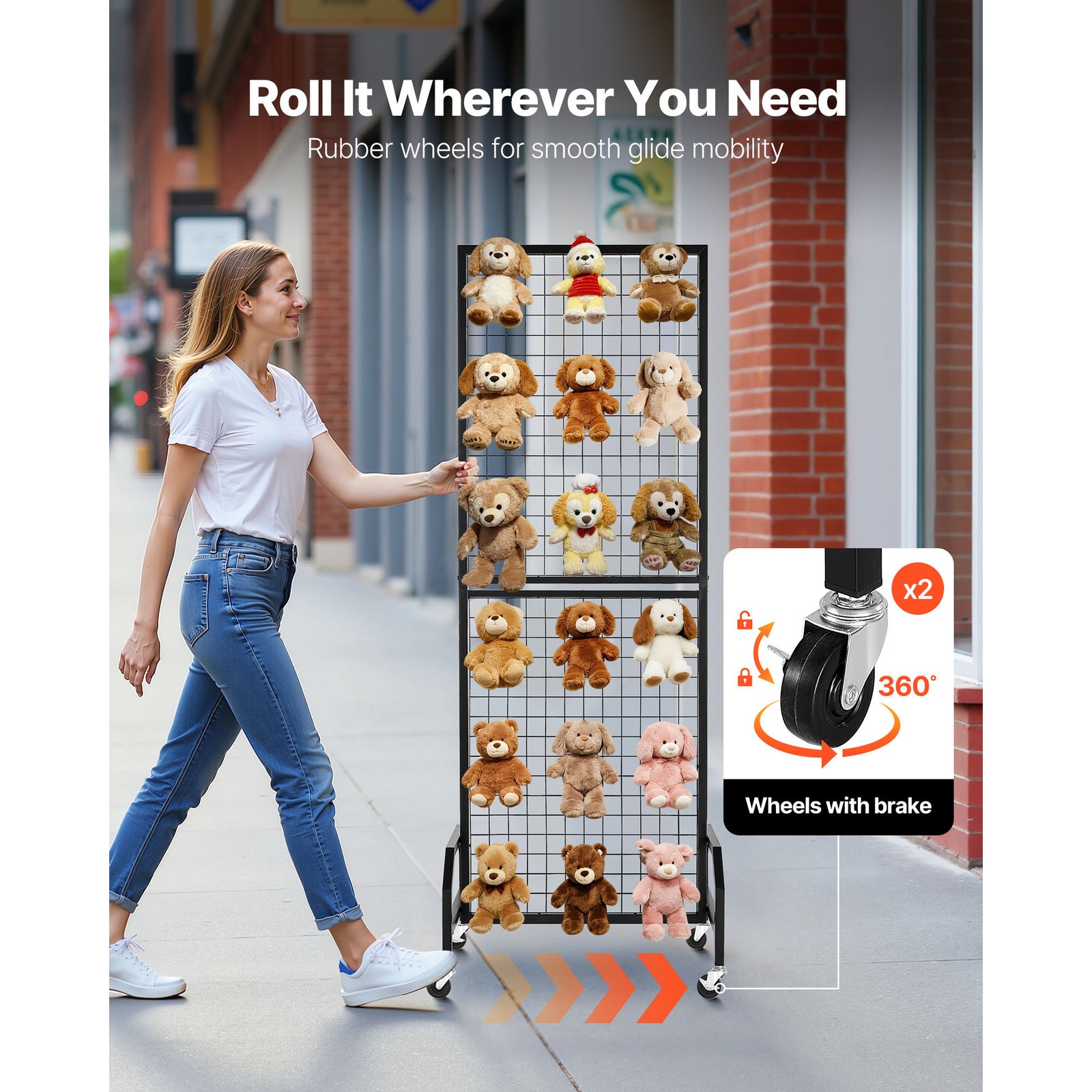 Uimoso Grid Wall Panel 1.9 x 5.4 ft Wire Display Rack with Wheels and 10 Hooks