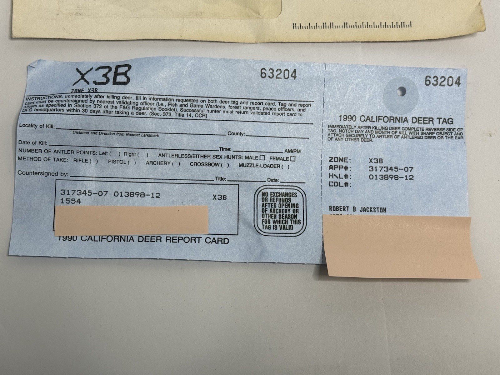 Vintage 1990 California Mule Deer Hunting Tag / Permit Unpunched Unit X3B