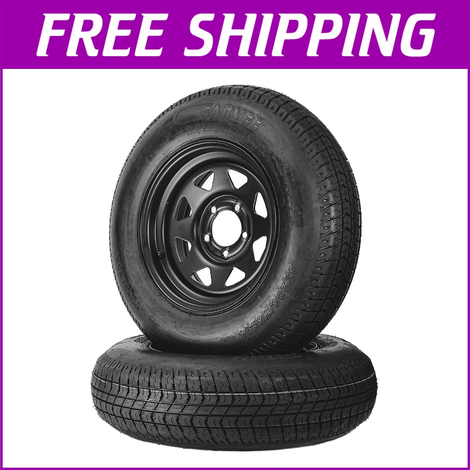 2-Pack Trailer Tire On Rim ST205/75D14 Trailer Tires Black Wheels 5 Lug on 4.5"