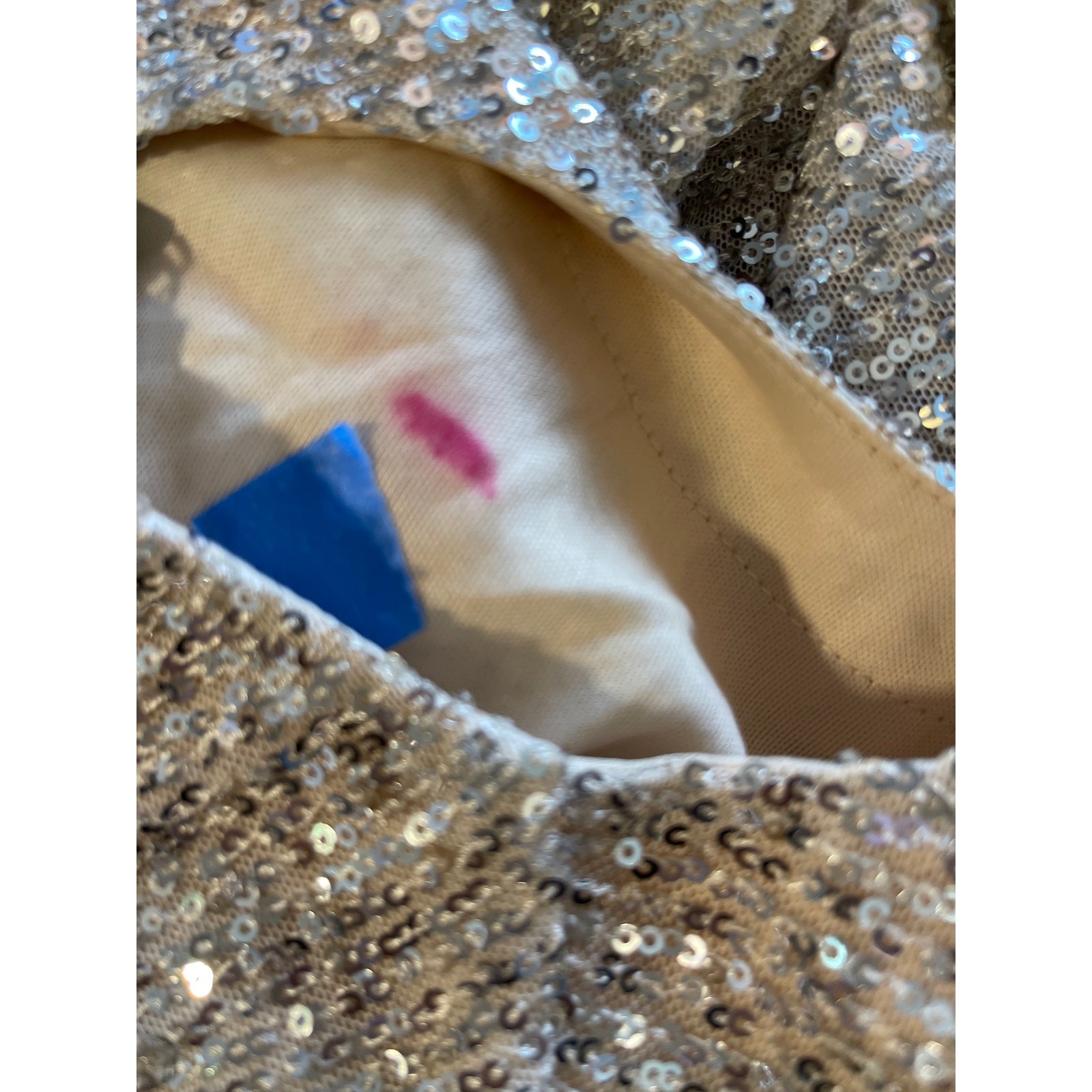 Mac Duggal NWD Size Small Nude Silver Ruffle 3/4 Sleeve Sequin Bodysuit R26822