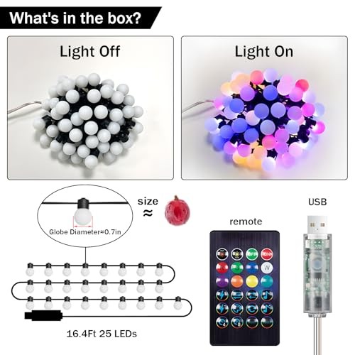16.4Ft Smart Globe String Lights, 25 Dimmable RGB Mini Color 16.4ft-25LED Black