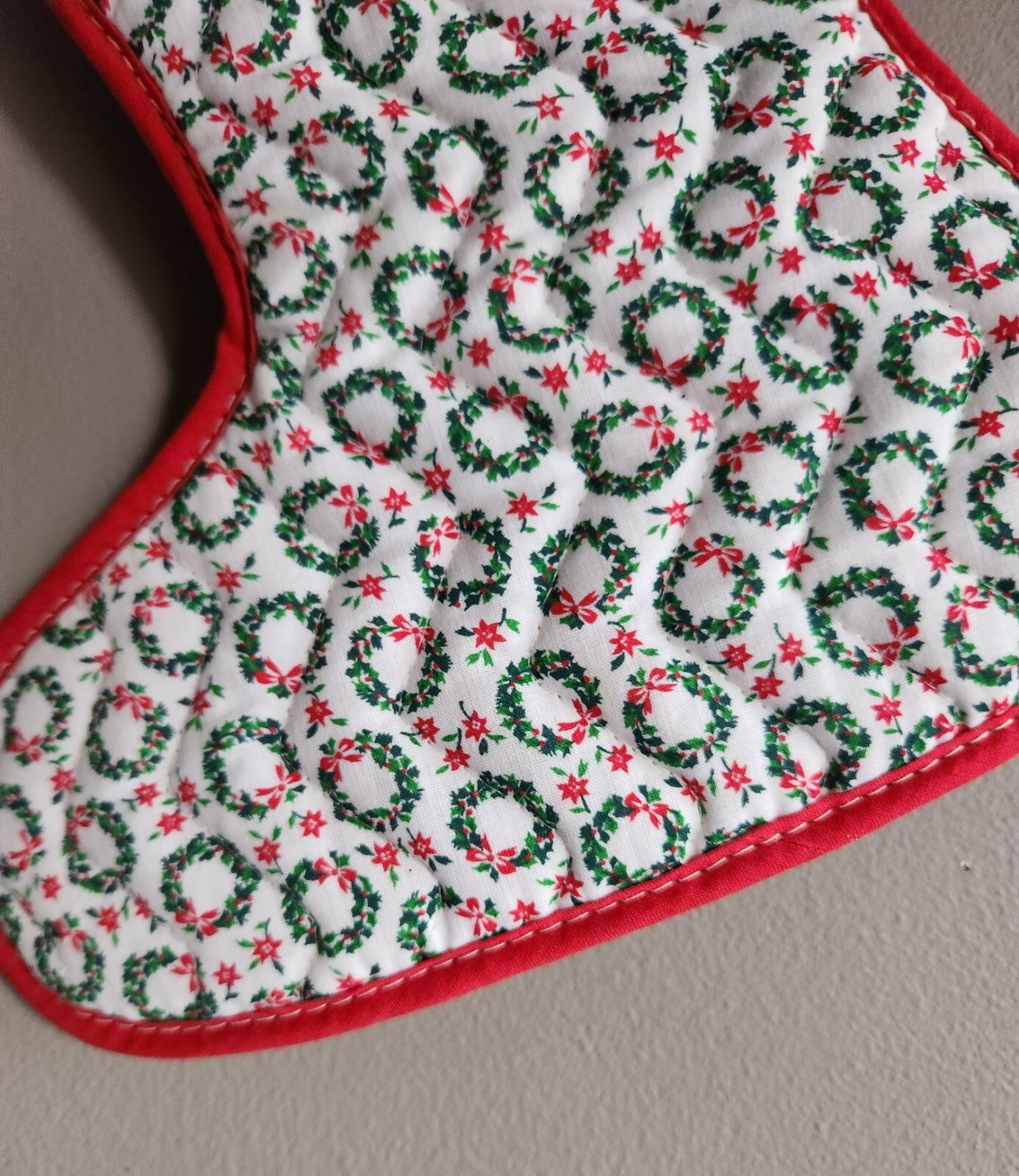 Christmas Stocking White with Green Wreaths & Red Poinsettia Pattern