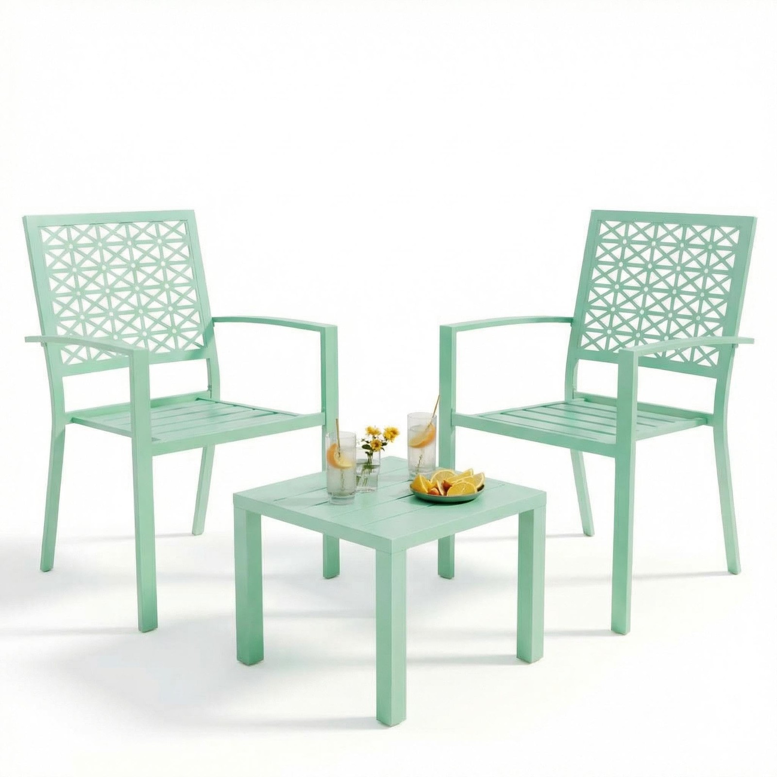 3-Piece Outdoor Bistro Set Stackable Patio Chairs Square Table Metal Light Green