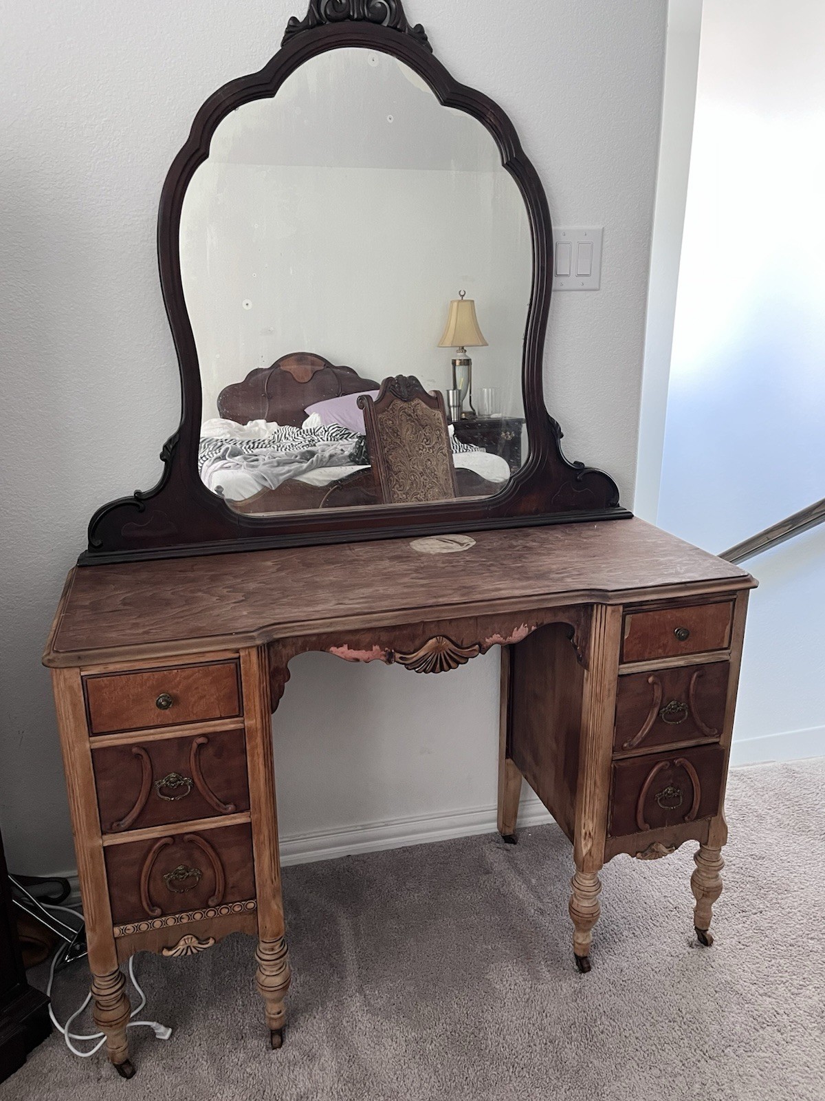 King Haase Antique Vanity with Mirror with Original Wooden Wheels. Very Rare
