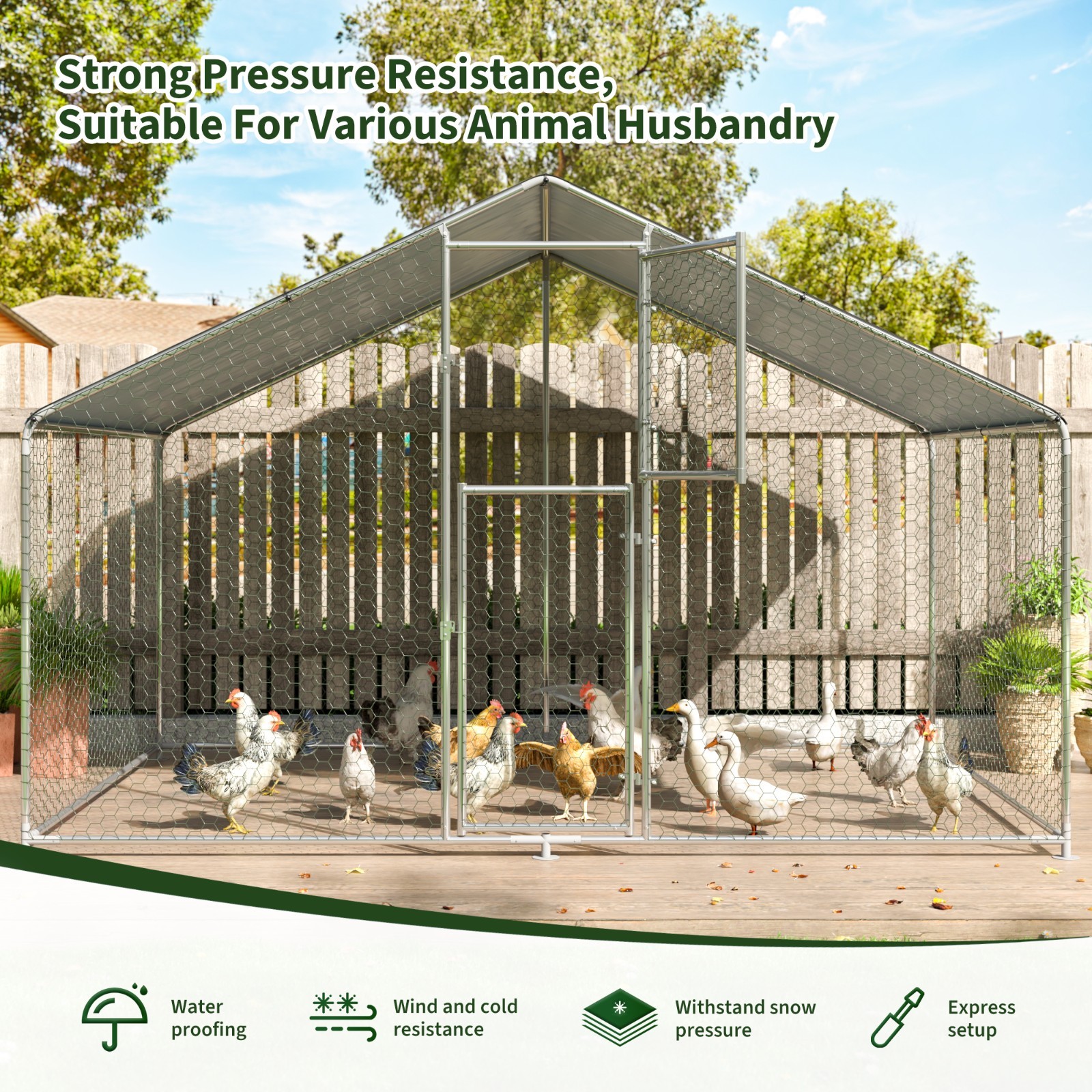 Metal Chicken Coop, Large Chicken Coop with Waterproof Cover for Backyard