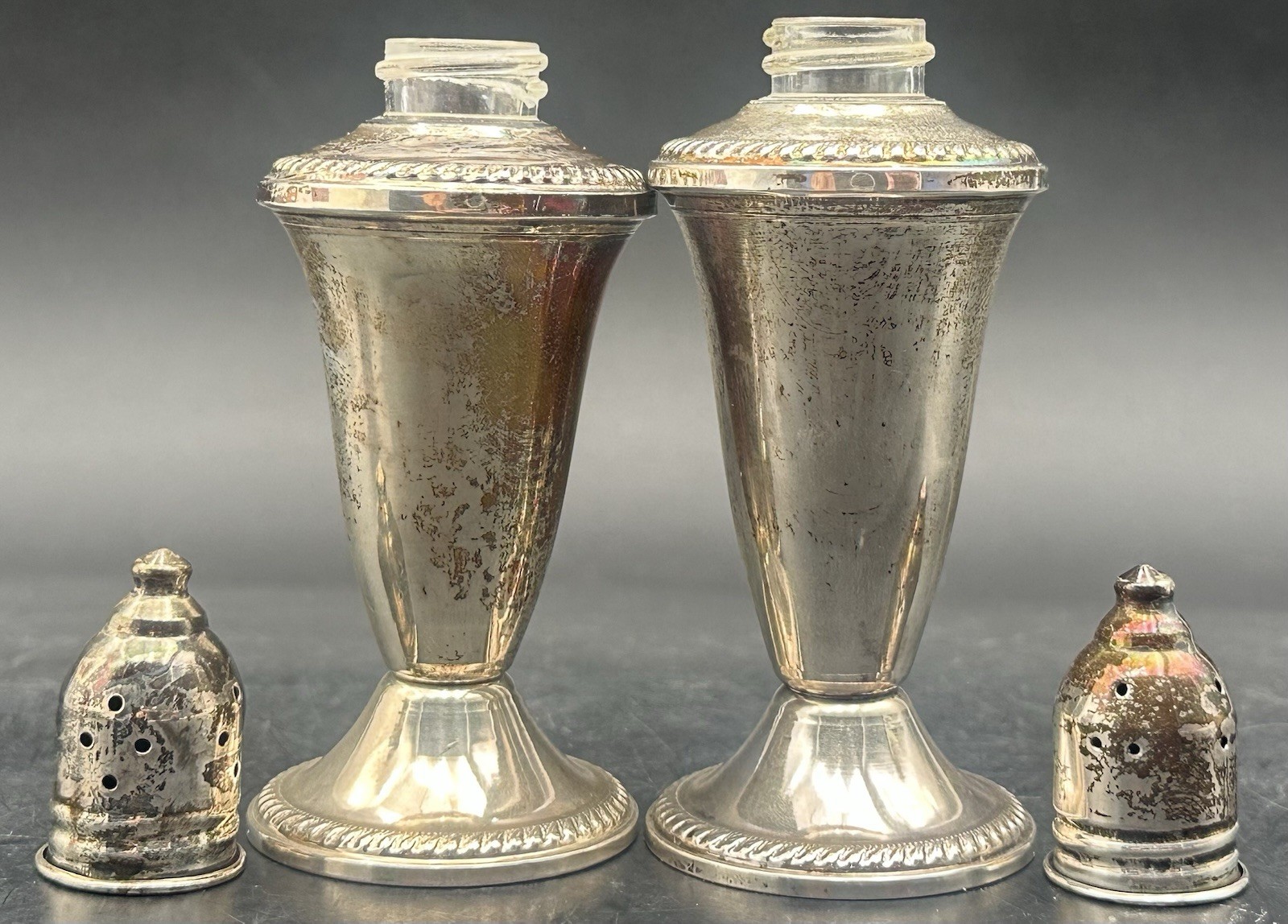 Duchin Creation Salt & Pepper Shakers Weighted Sterling Silver Over Glass