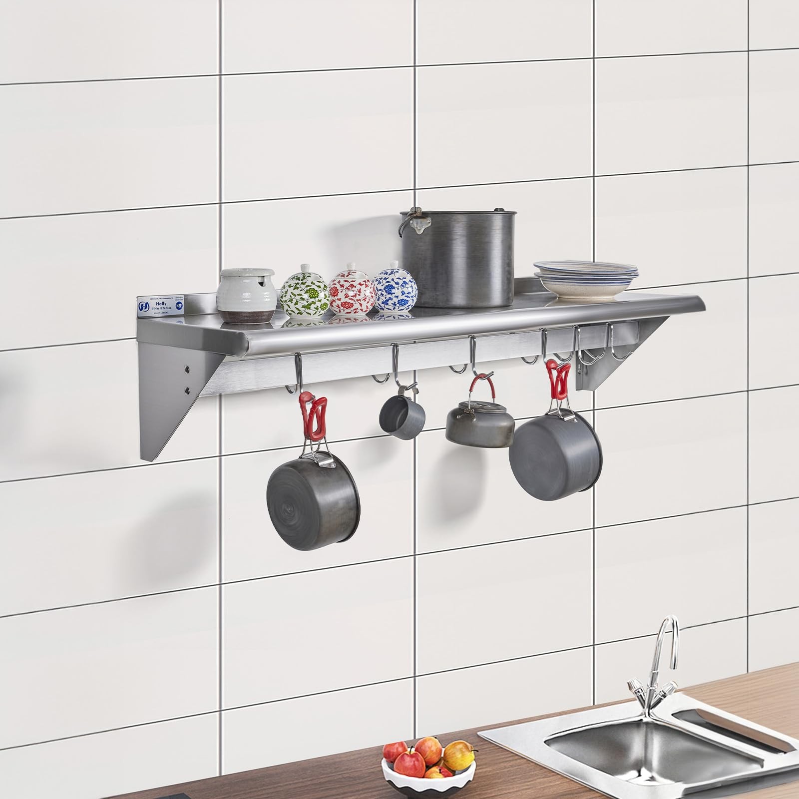 Hally Stainless Steel Shelf With 6 Hooks 12 X 36 Wall Mounted Pot Rack Nsf Com