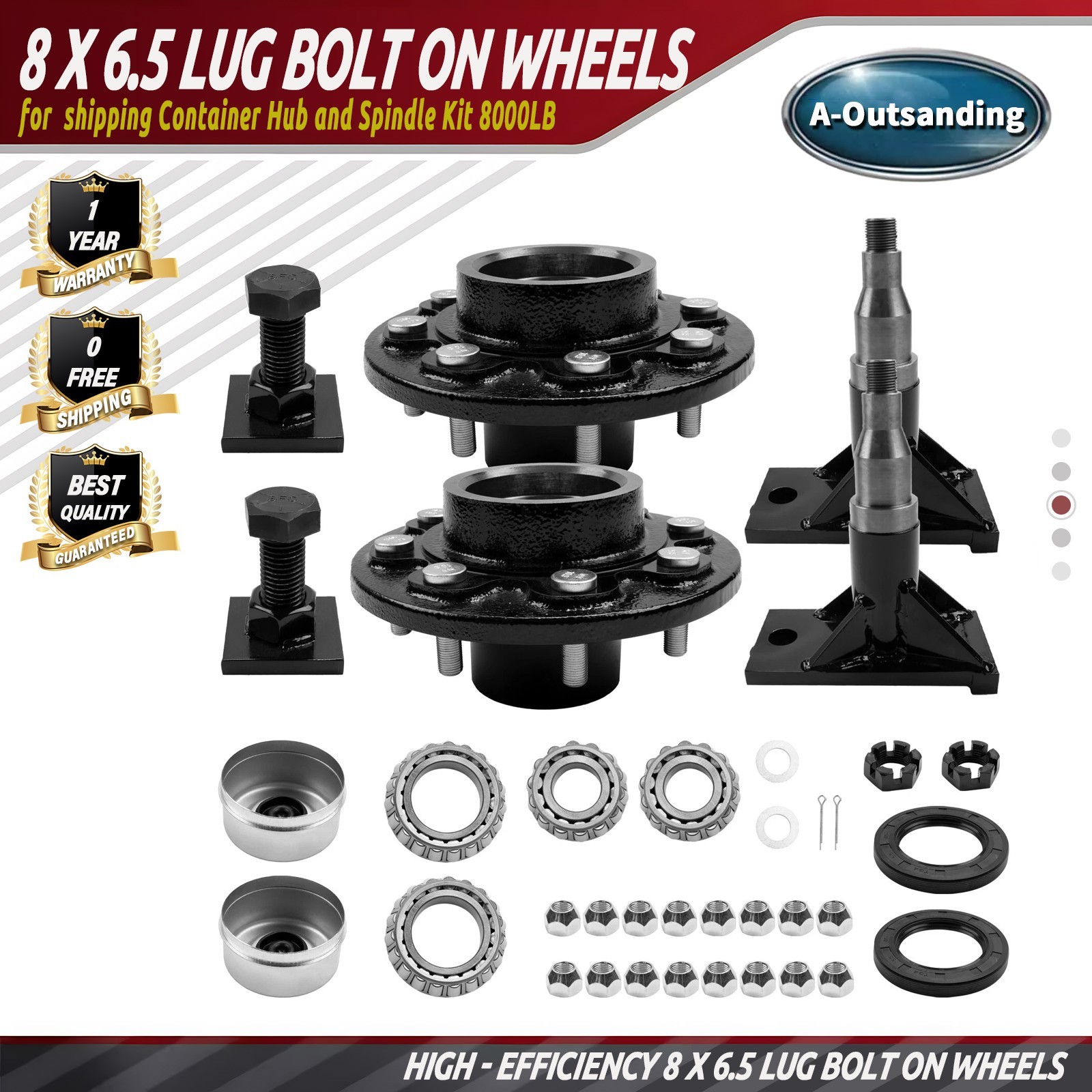 8 x 6.5 Lug Bolt On Wheels Fit For shipping Container Hub and Spindle Kit 8000LB