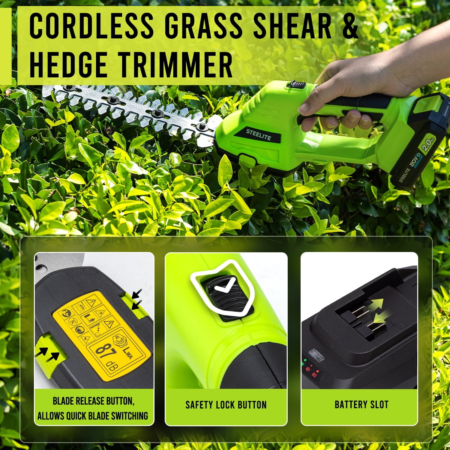 Steelite 21V Cordless Hedge Trimmer 2 in 1 Electric Grass Shear & Shrub Trimmer
