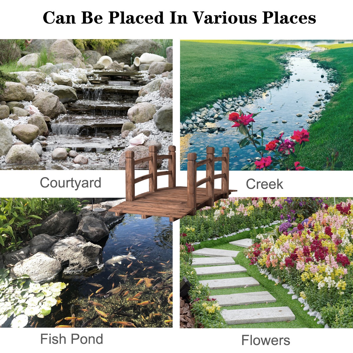 5' Wooden Bridge Stained Finish Decorative Solid Wood Garden Pond Arch Walkway