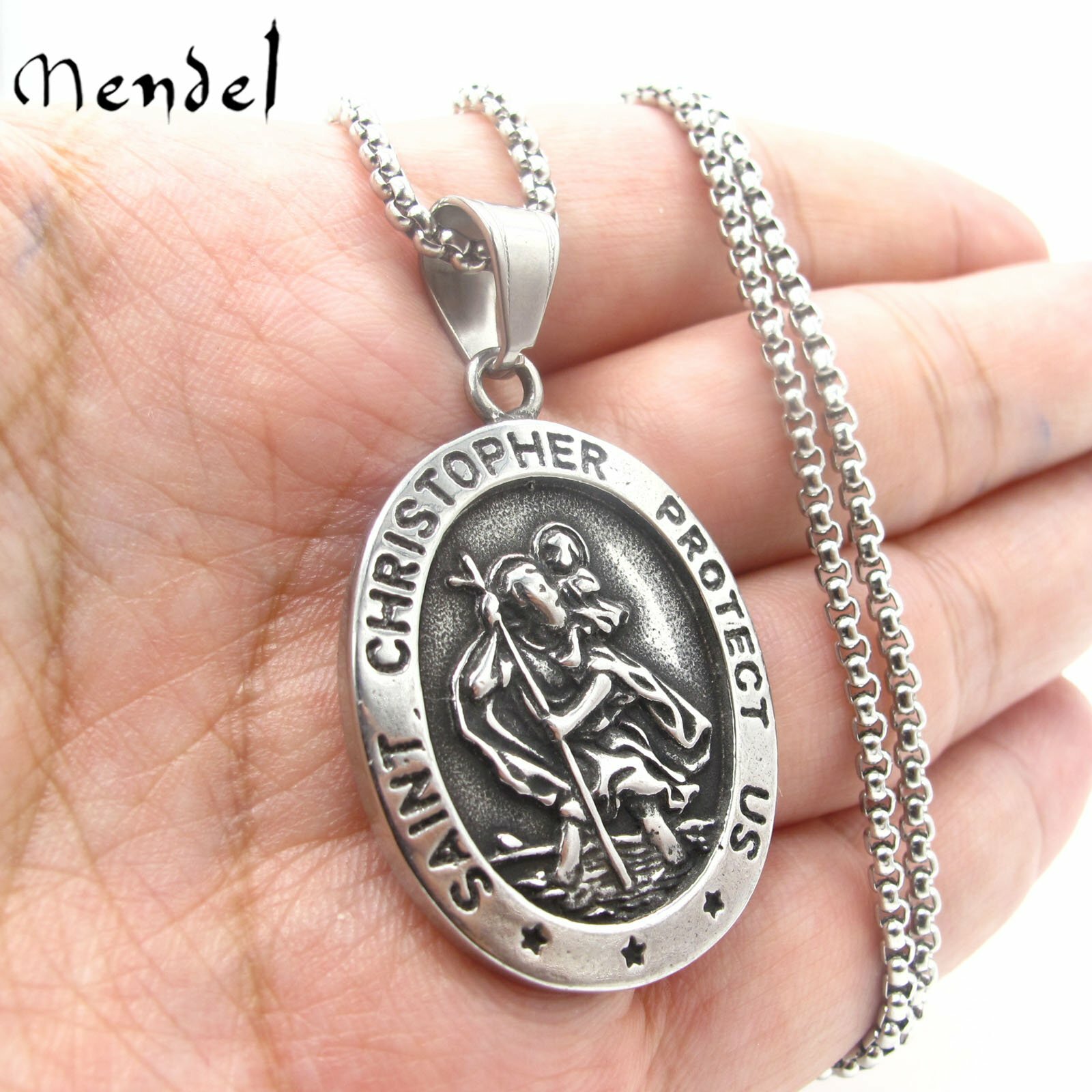 MENDEL Mens St Saint Christopher Medal Pendant Necklace Stainless Steel Amulet