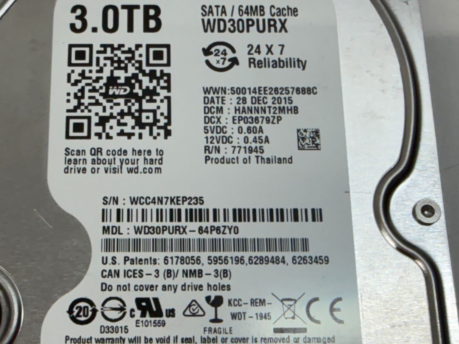 Western Digital WD30PURX 3TB WD Purple Surveillance WD30PURX-64P6ZY0 & 85GU6Y0