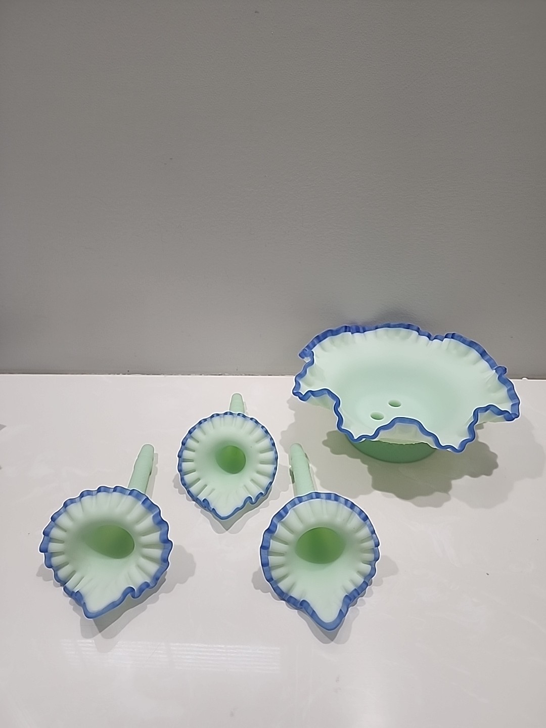 Fenton Cobalt Crest Satin Green Epergne ~ Harder To Find ~ EXQUISITE!!!