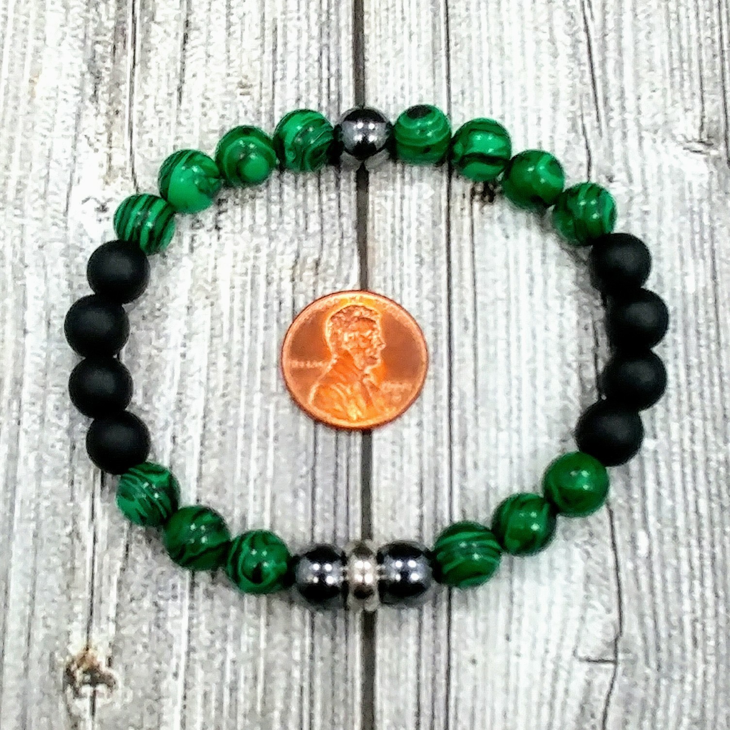 7.5"L STAINLESS STEEL 8mm Malachite+Hematite+Onyx Gemstone Beaded Men's Bracelet