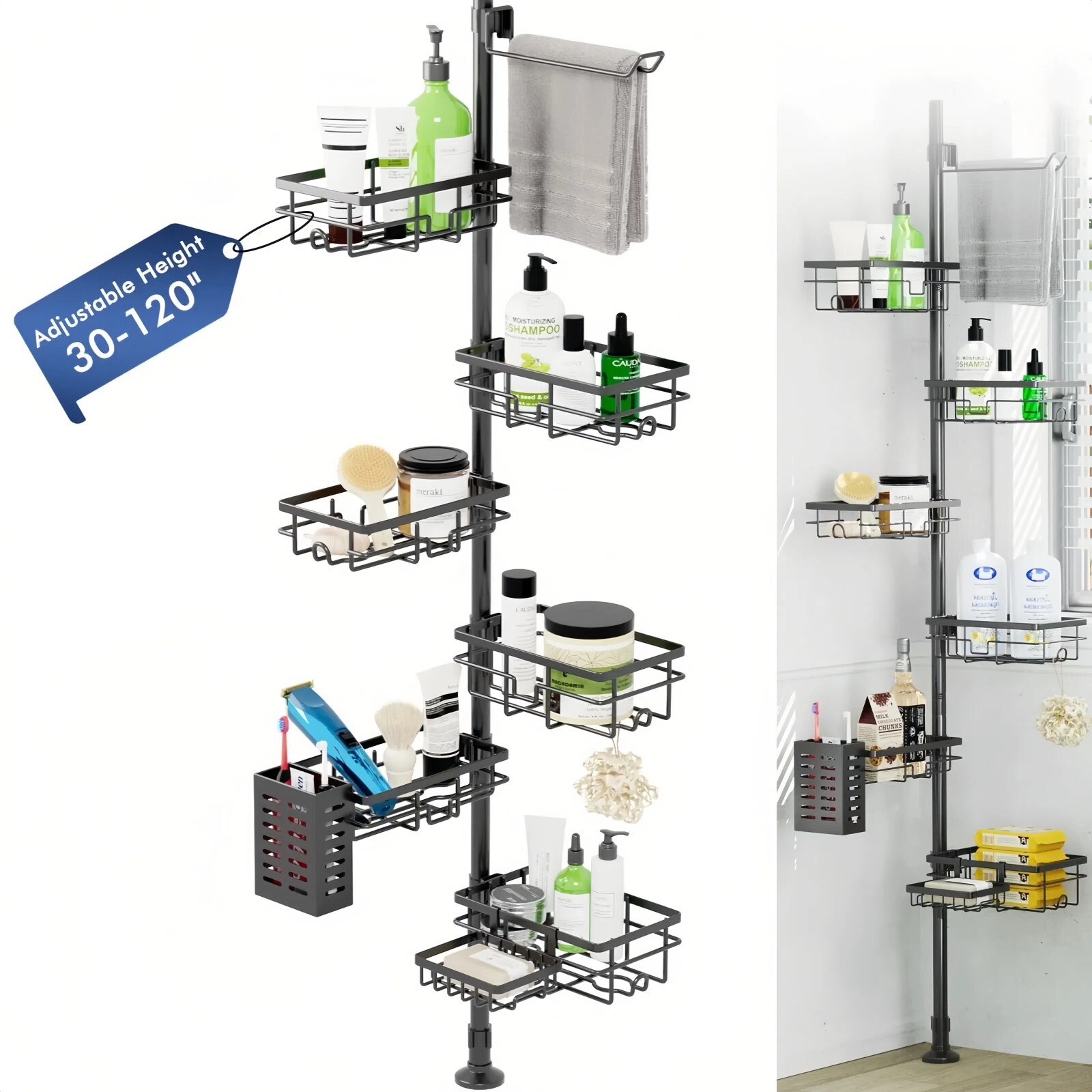 7-Tier Shower Caddy Organizer Tension Pole, Rustproof Corner Shelf for Bathroom