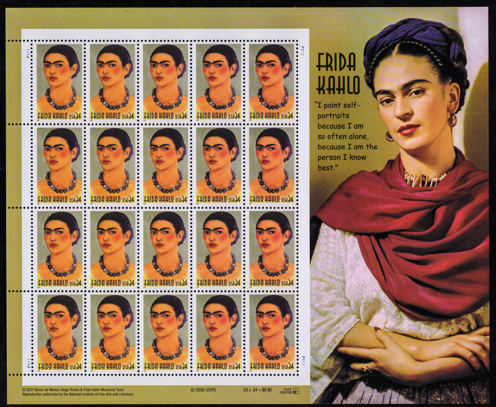 UNITED STATES, SCOTT # 3509, COMPLETE MNH SHEET - FRIDA KAHLO, ARTIST YEAR 2000