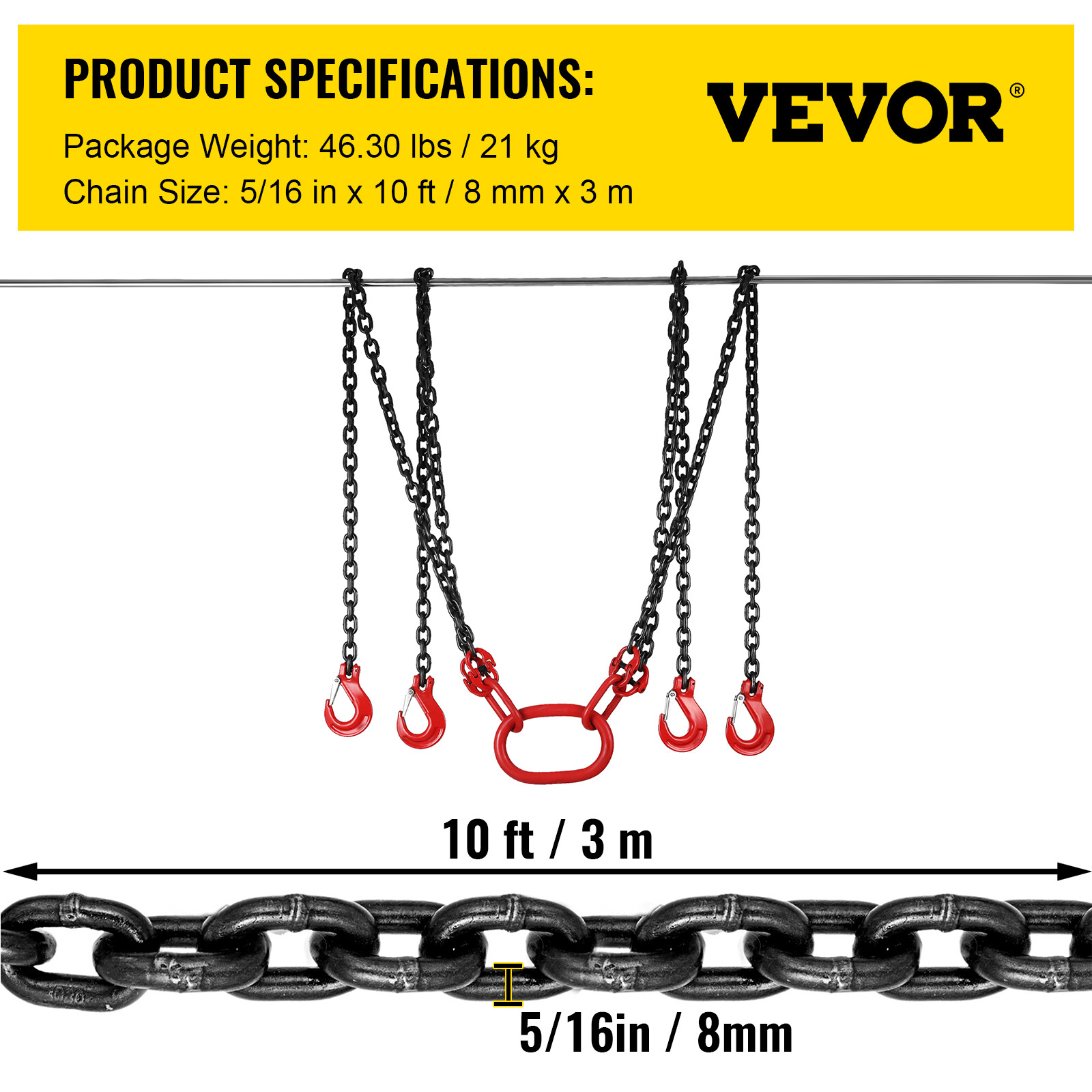 VEVOR 5/16"x10' Lifting Chain Sling G80 11023lbs 5Ton w/ 4 Legs ＆ Grab Hooks