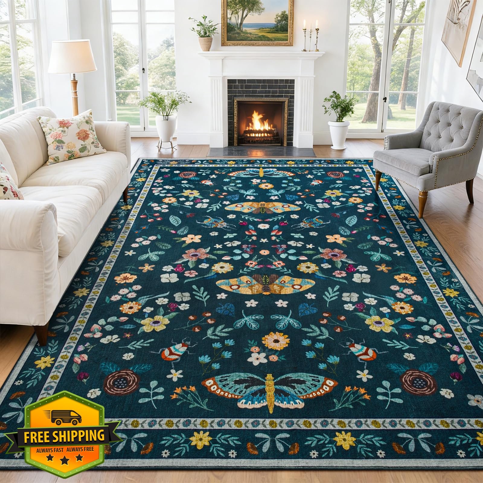 Iplusmall 8x10 Washable Rug Teal Green Floral Butterfly