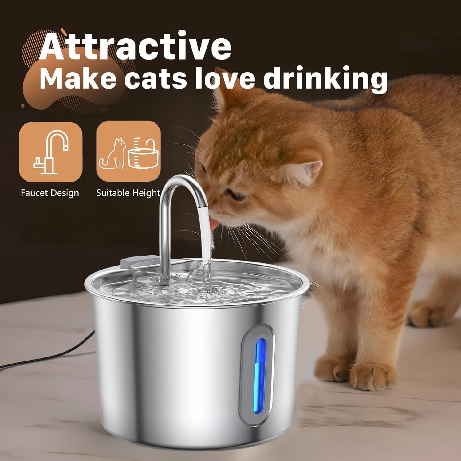 74.4oz/2.2L Cat Water Fountain Stainless Steel, Automatic Pet Water Dispenser