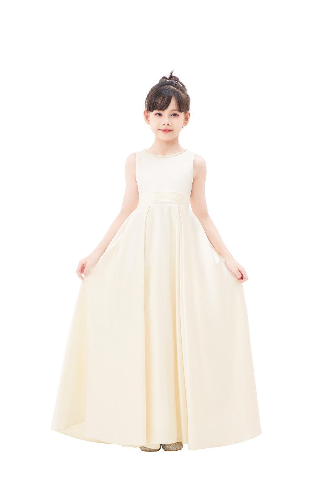 Backless A-line Satin Flower Girl Dress with Pearl Beaded Trim Party Dresses