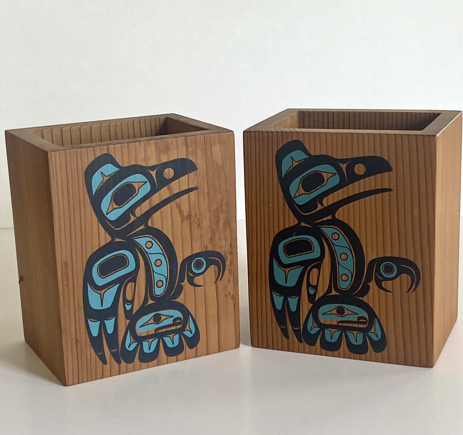 1988 Signed P DUNTHORNE /UPPER SKAGIT/Northwest USA/PAIR-Cedar Wood Boxes/Raven