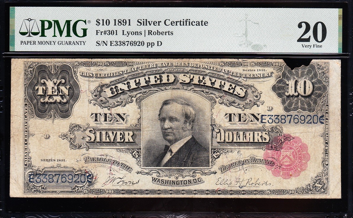 *RARE* VF graded 1891 $10 "TOMBSTONE" Silver Certificate! PMG 20! FREE SHIP! 920