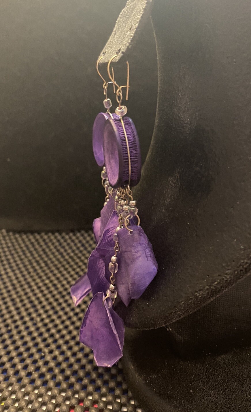 Artisan Purple Scales Leaf Shape On Round Sea Life Discs Dangle Beaded Earrings