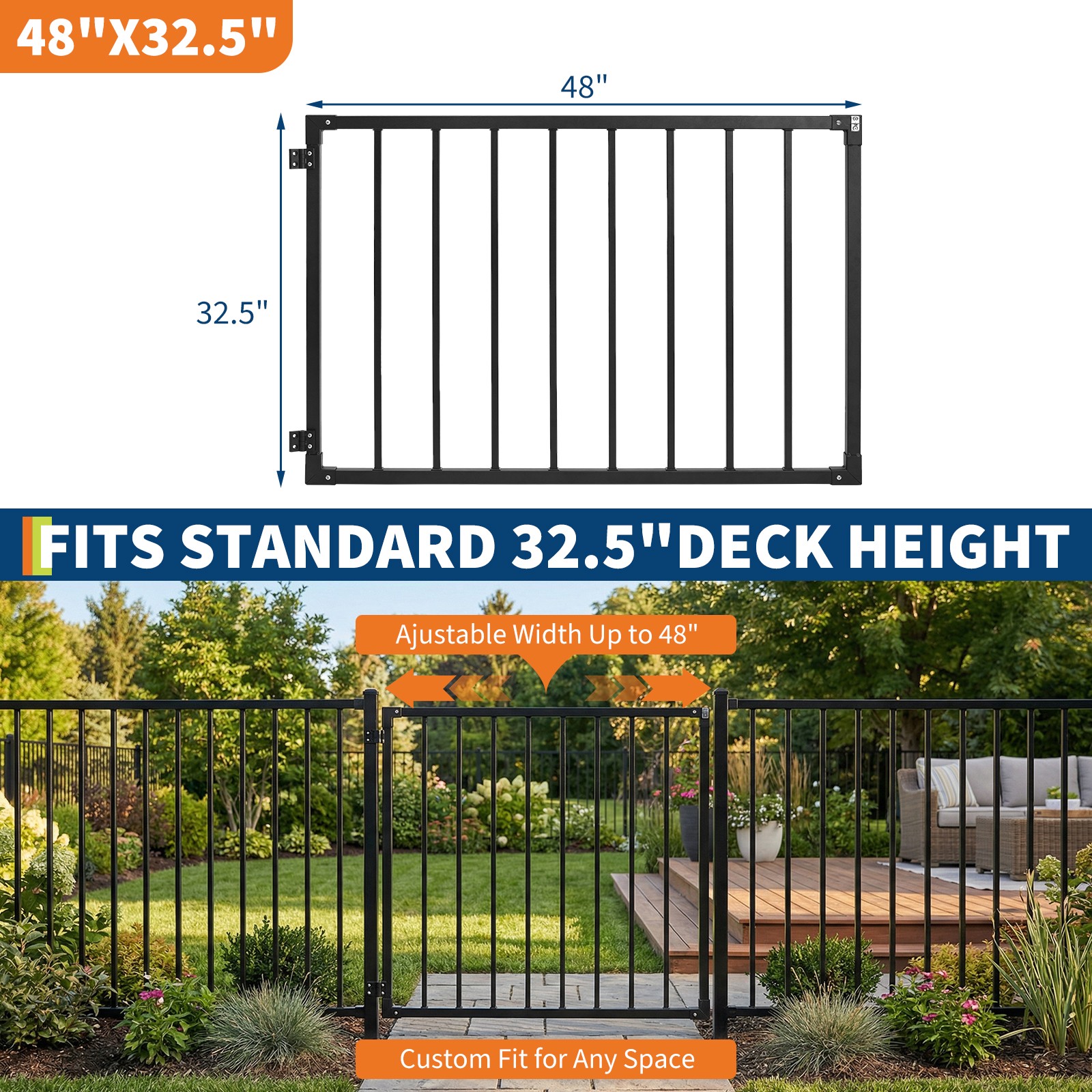 Heavy-Duty Deck Fence Gate 32.5" H x 48" W Black Metal Gate for Patio Yard Fence