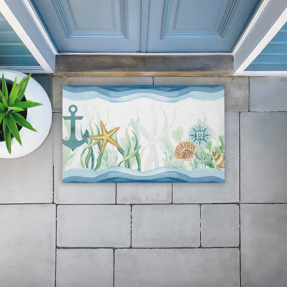 Bayside Sea Life & Waves Blue 18 In. X 30 In. Polyester Non-Slip Outdoor Door Ma