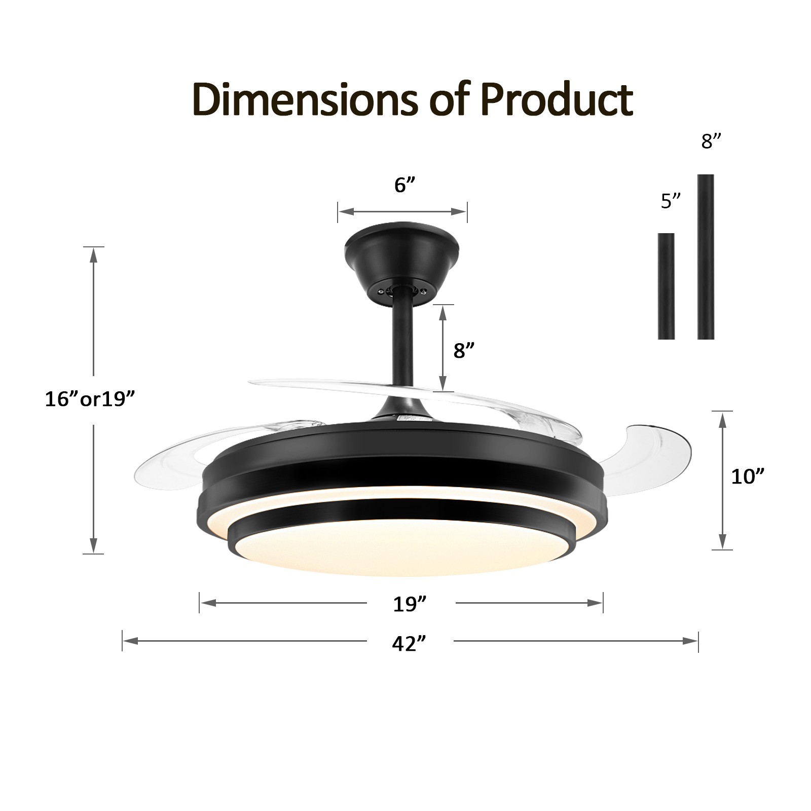 Retractable Ceiling Fan with Light, 42 Inch Fandelier, 6 Speed Reversible Motor