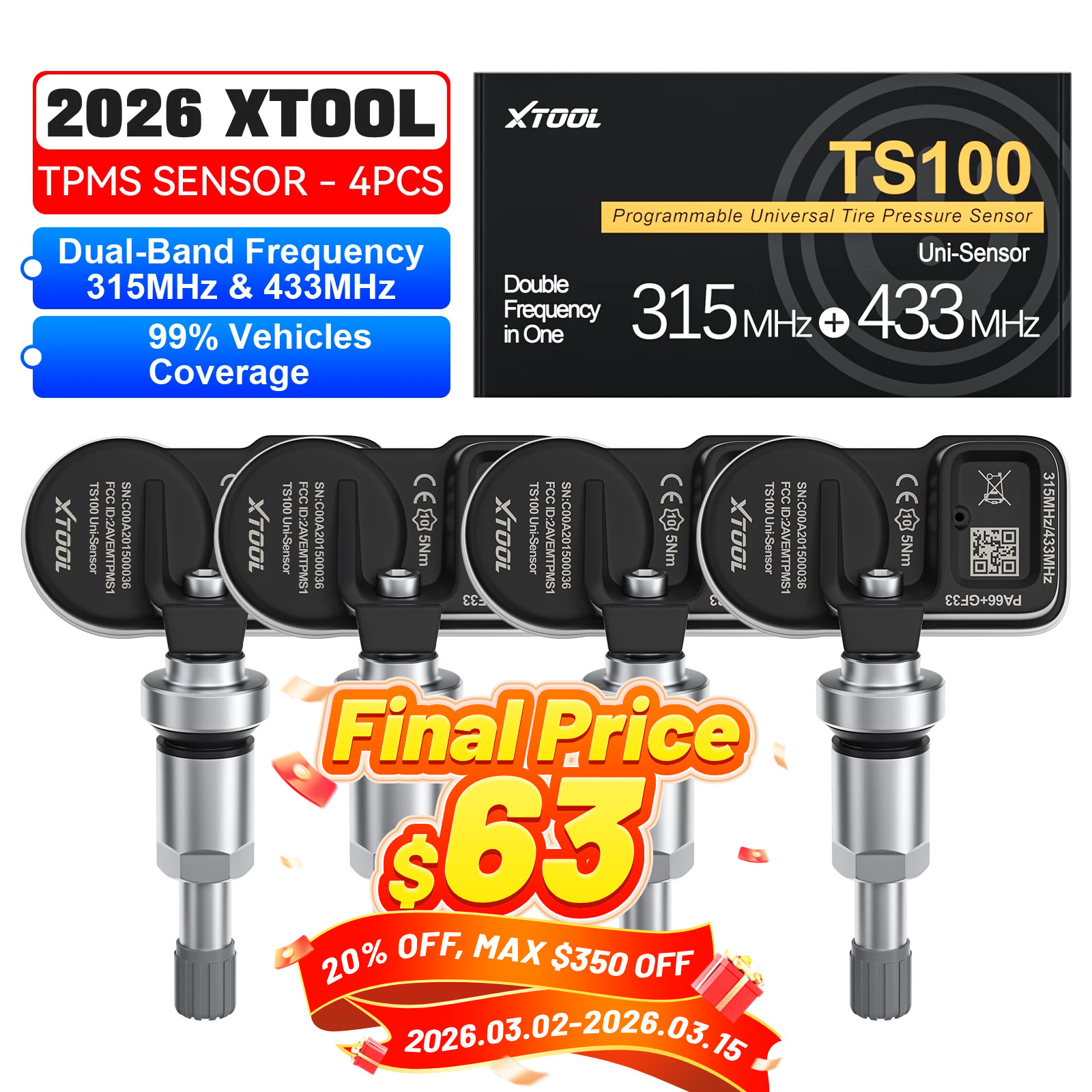 XTOOL TPMS TS100 315MHz 433MHz 2in1 Programmable Car Tire Pressure Sensor Metal