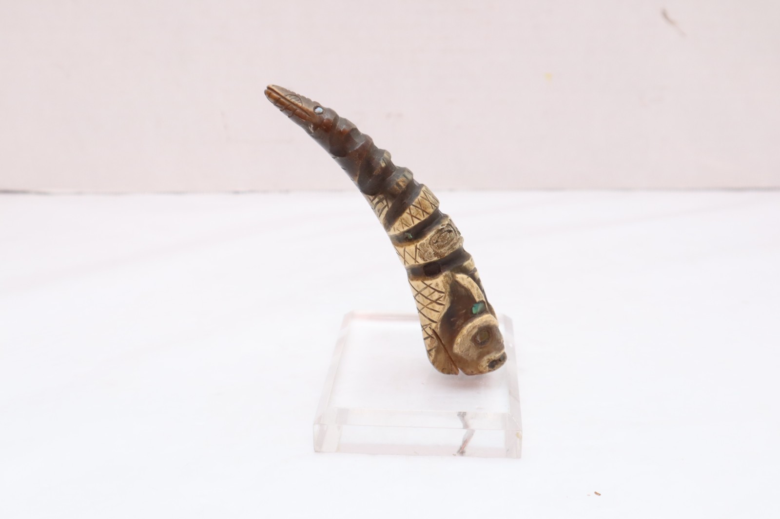 OLD HAIDA-TLINGIT ANTIQUE CEREMONIAL LADLE Horn Spoon Handle Carved Totem Inlaid