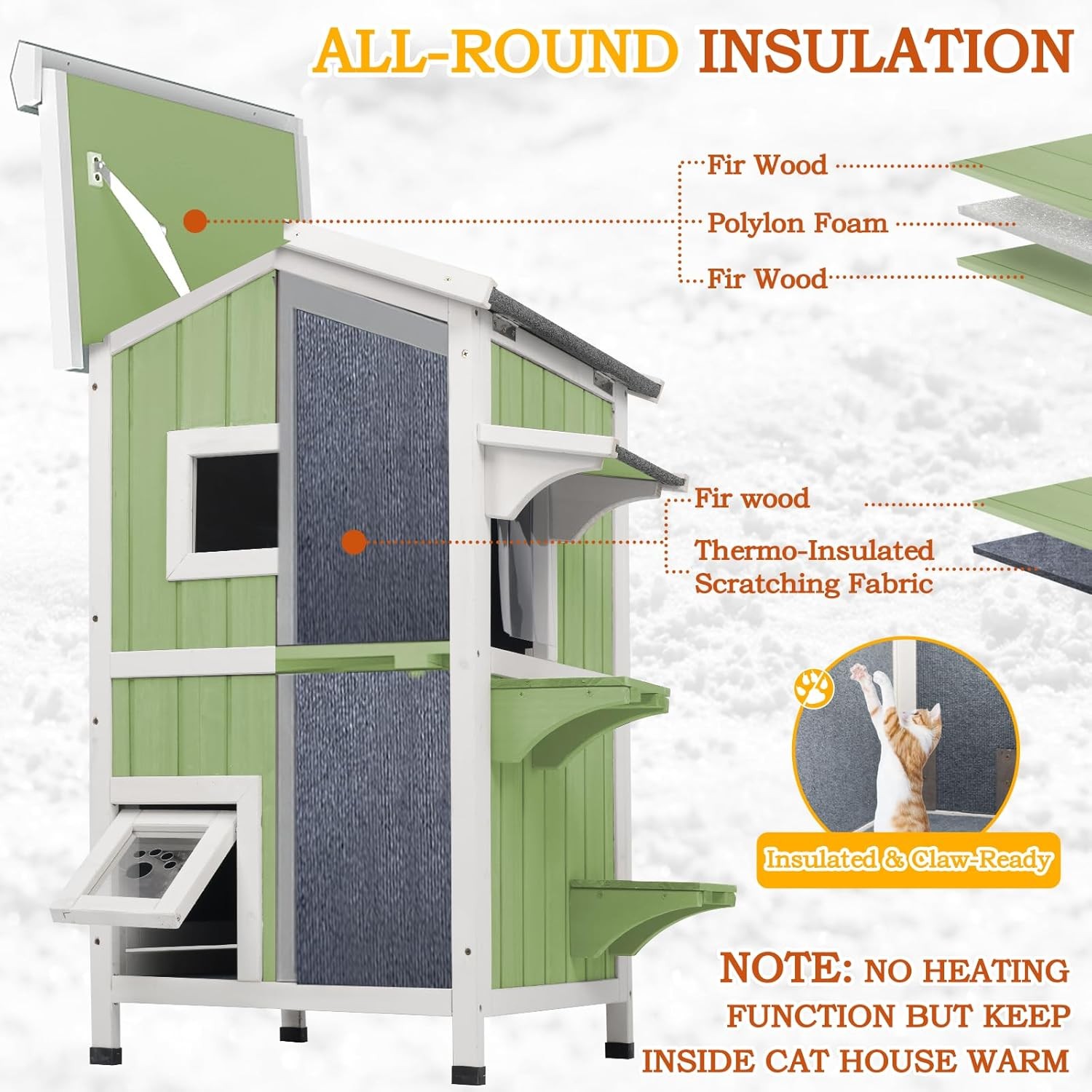 PetsCosset Insulated Cat House Outdoor Shelter Two Story Wooden with Roof,Green