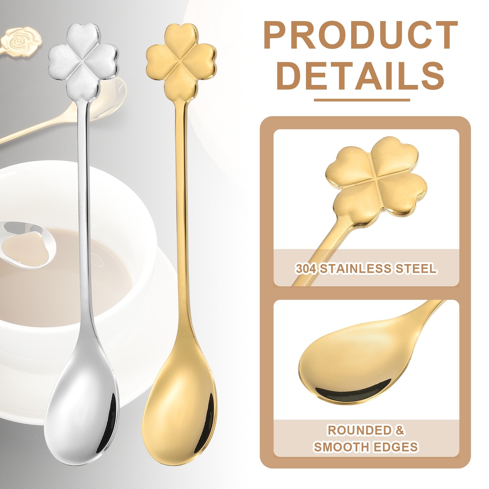 6pcs Coffee Spoons, Four Leaf Grass Tea Spoons Stainless Steel, Gold