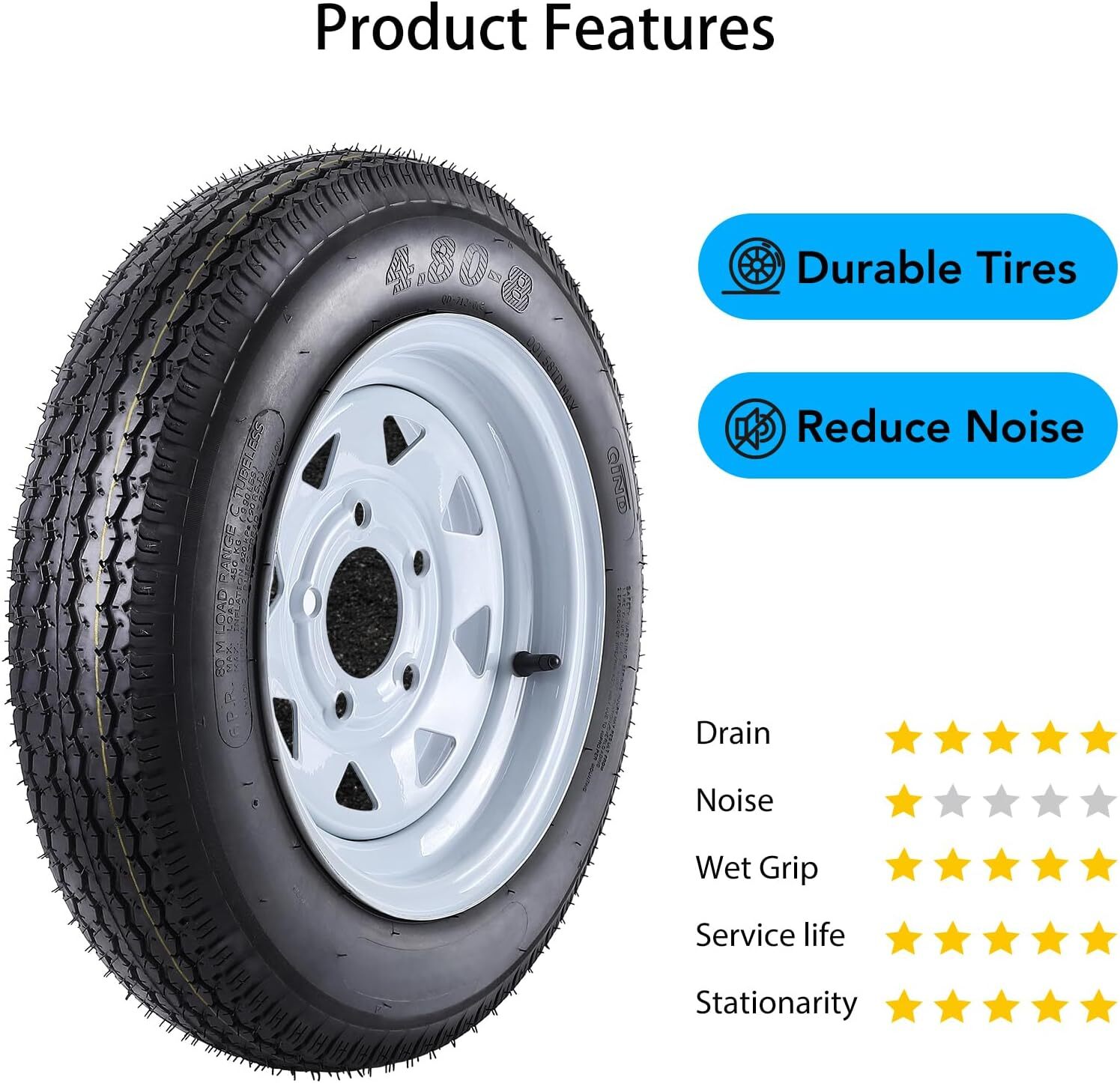 2Pack 4.80-8 Trailer Tires with Rims 4.80x8 480-8 5 Lug on 4.5" and White Wheels