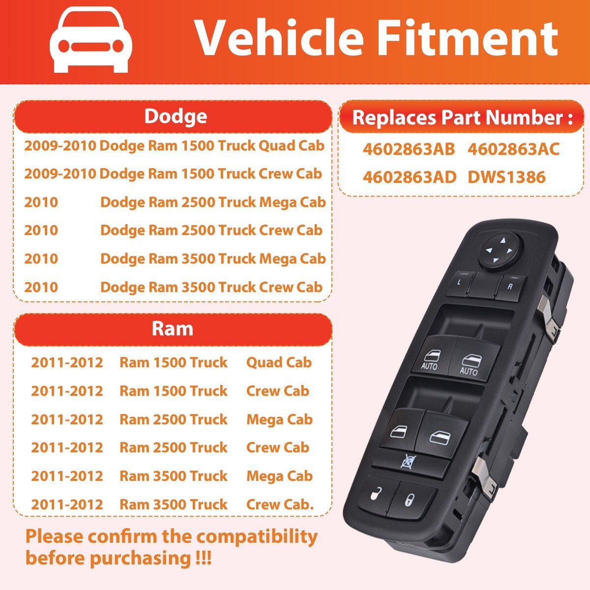 Driver Side Master Power Window Switch 4602863AD for Dodge Ram 1500 2500 3500