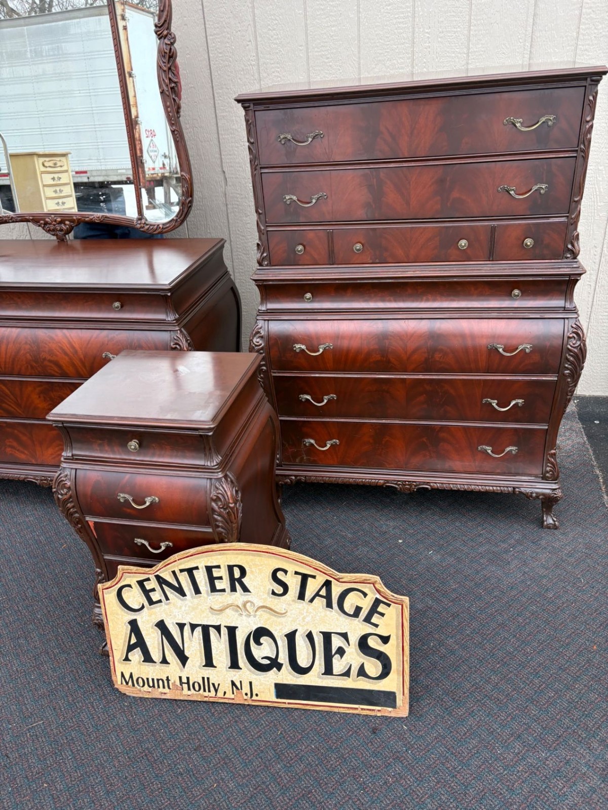 67492 Flame Mahogany Carved High Chest with Ornate Detailing