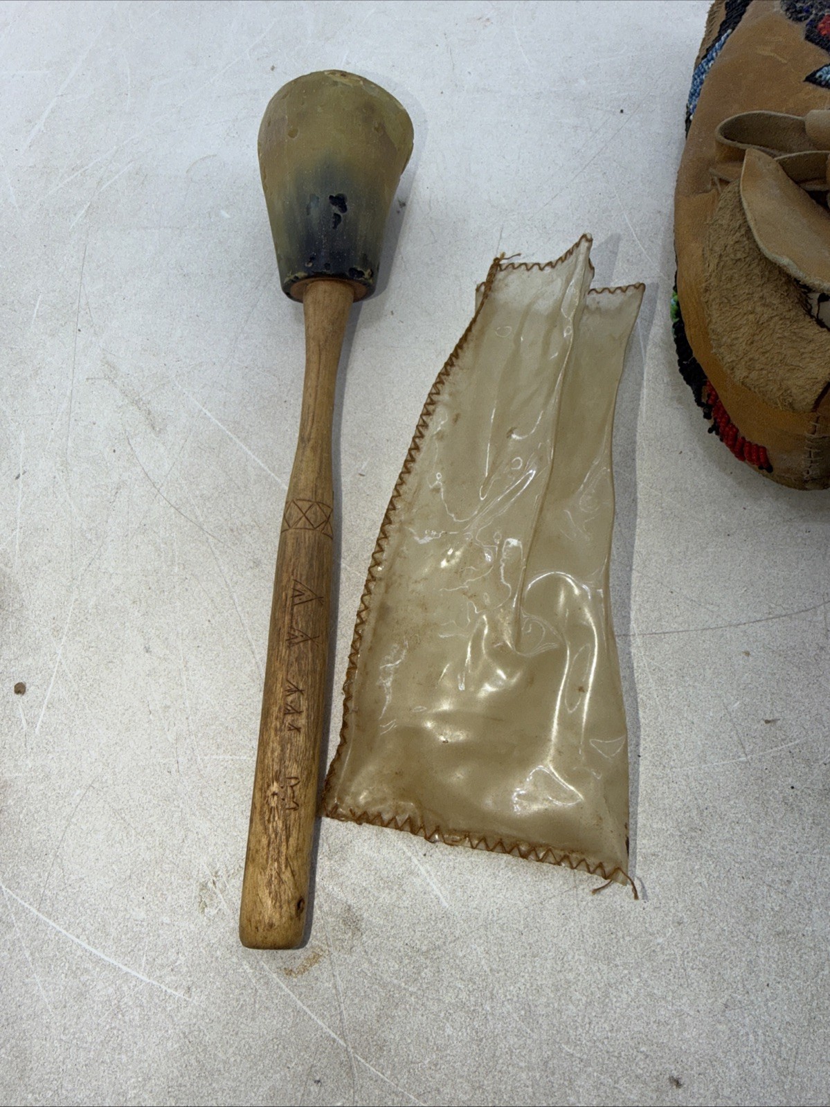 Authentic Native American Leather Beaded Moccasin Lot and Indian Rattle