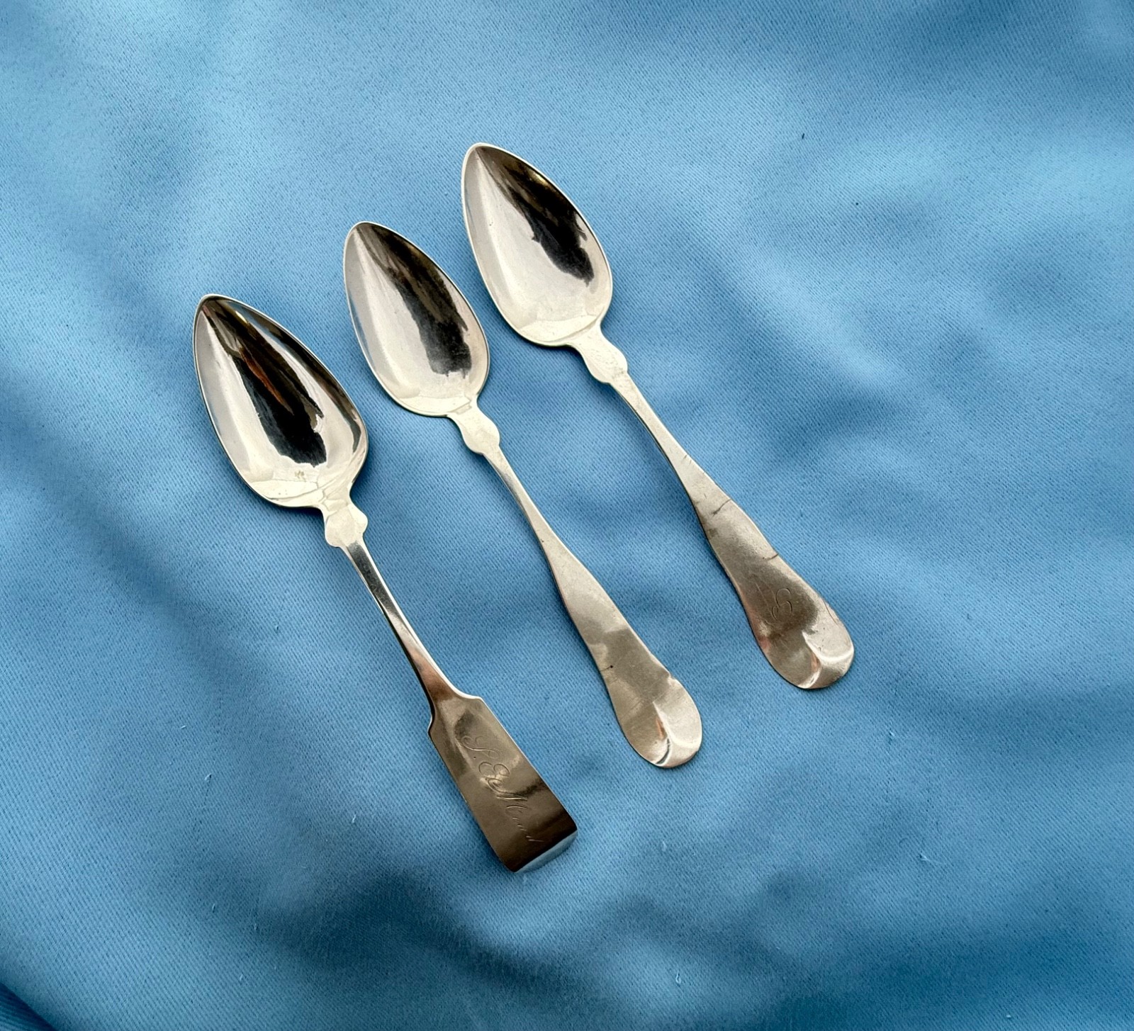 Mixed Lot Coin Silver 3 Soup or Desert Spoons Mixed Makers Mono 7 Inch 68 Grams