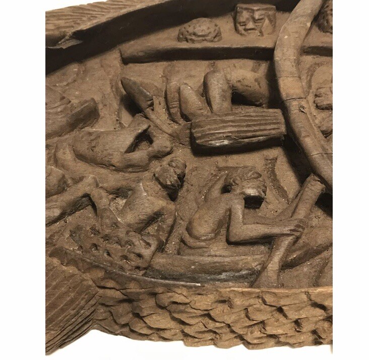 Antique African Carved Wood Fish Depicting Men Working Inside