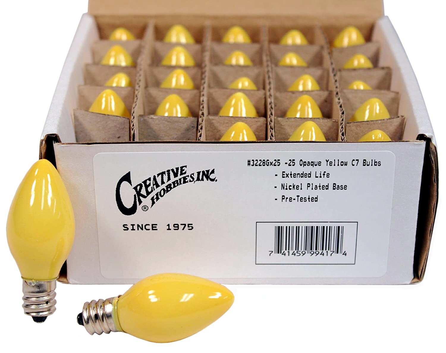 Box of 25 Light Bulbs - C7, Steady Burning- Opaque Yellow- 7 Watt, Nickel Plated