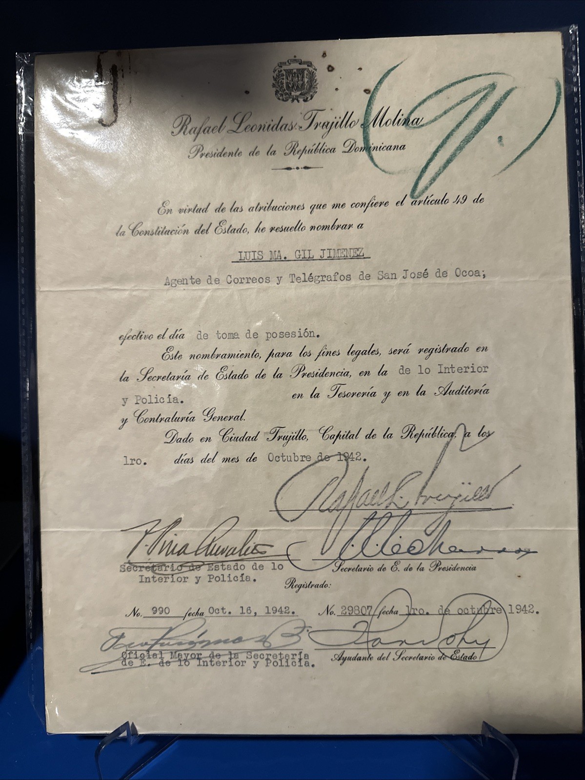 1942 Signed Document Rafael L. Trujillo, President Dictator Dominican Republic