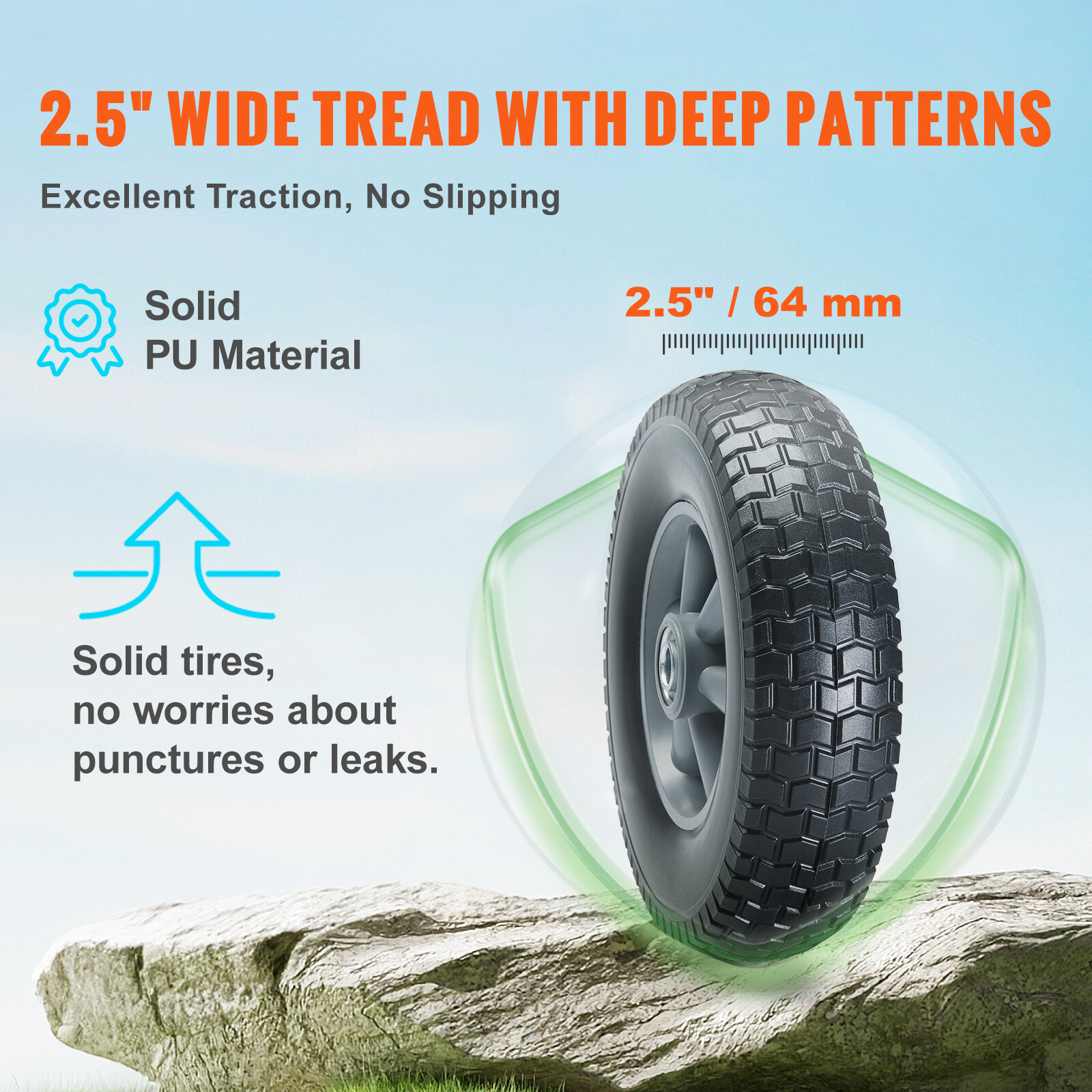 VEVOR 2-Pack 10x 2.5-4.5" Solid PU Run-Flat Tire Wheel Flat Free Tubeless Tires