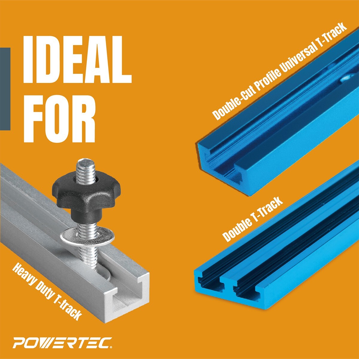 POWERTEC 71889 2 Pcs Double-Cut Profile Universal T-Track (36") and 10-PK Knobs