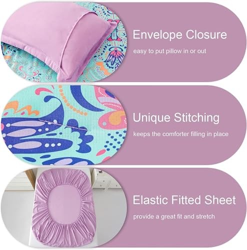 Comforter Set, 5 Piece Bed in a Bag, Boho and Lilac Damask Medallion Twin Aqua