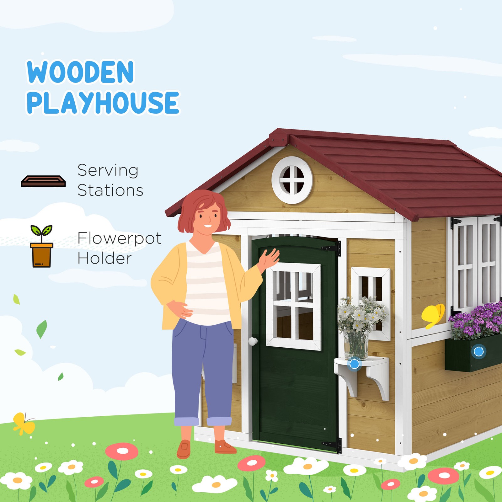 Playhouse for Kids with Doors, Windows, Planter Pots and Boxes