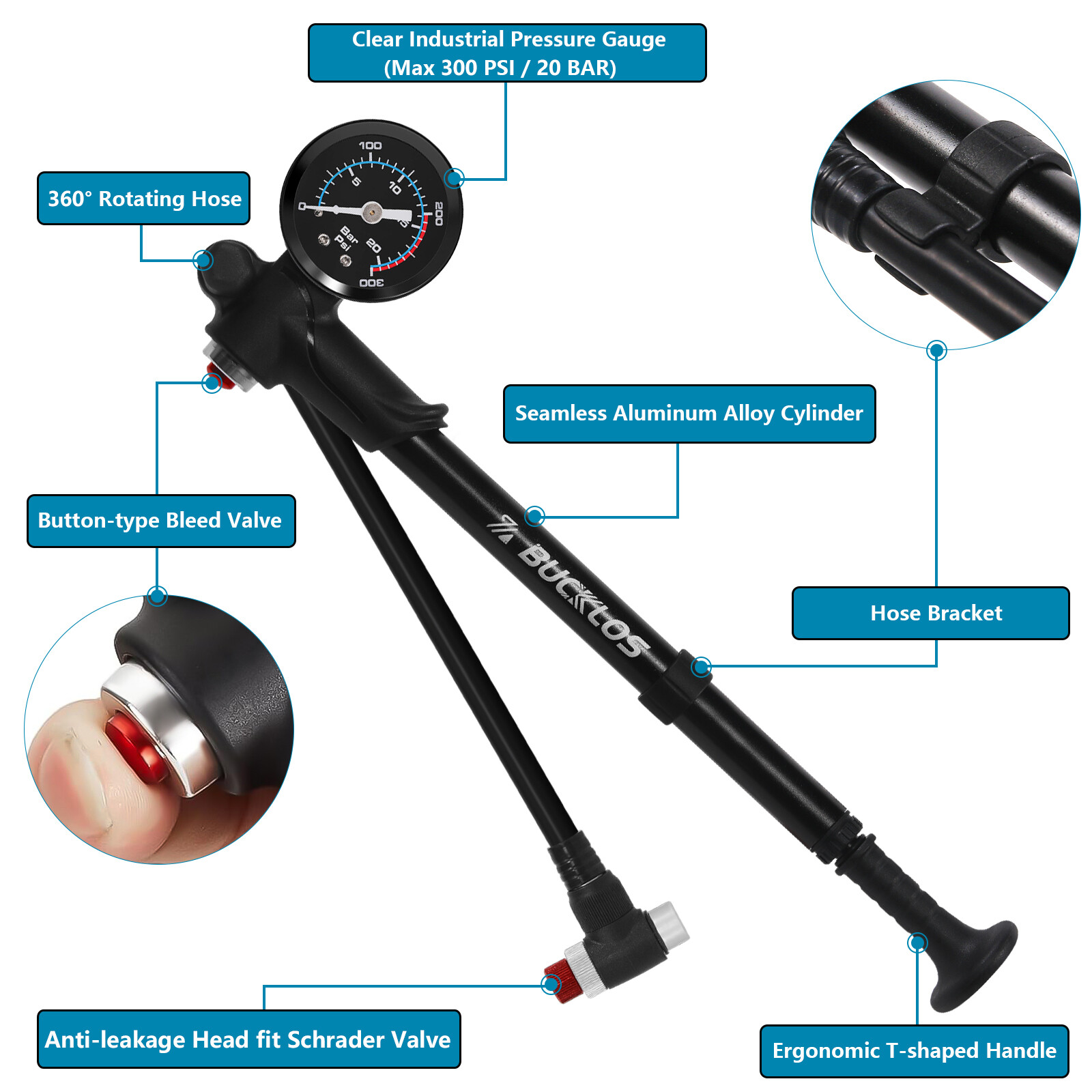 300PSI Bicycle Rear Shock/Air Fork Pump Pressure Gauge Aluminum Schrader​ Valve