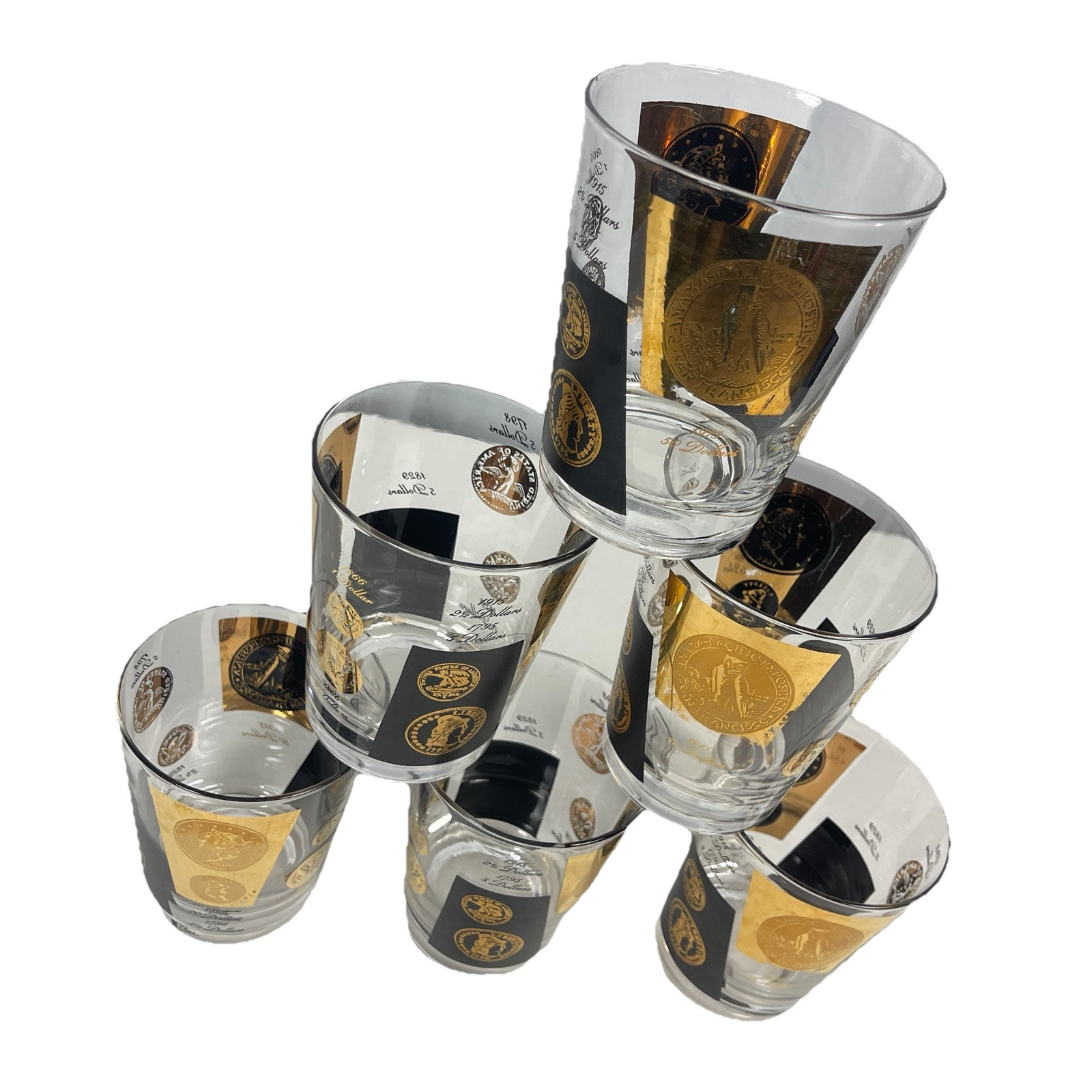 Cera Bob Wallack Gold Coin 6 Vtg Highball Glass Lot MCM Old Fashioned Cocktail